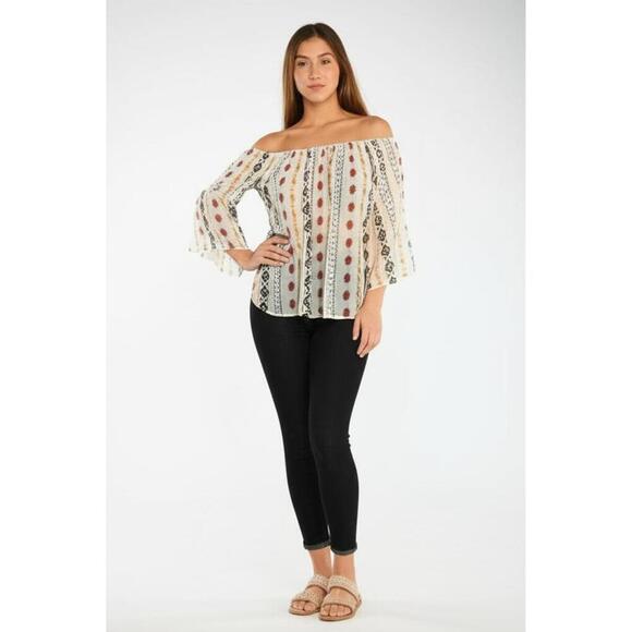 Yahada Womens Off Shoulder Blouse Large Boho Ethnic Bell Sleeve Off White - Picture 1 of 7
